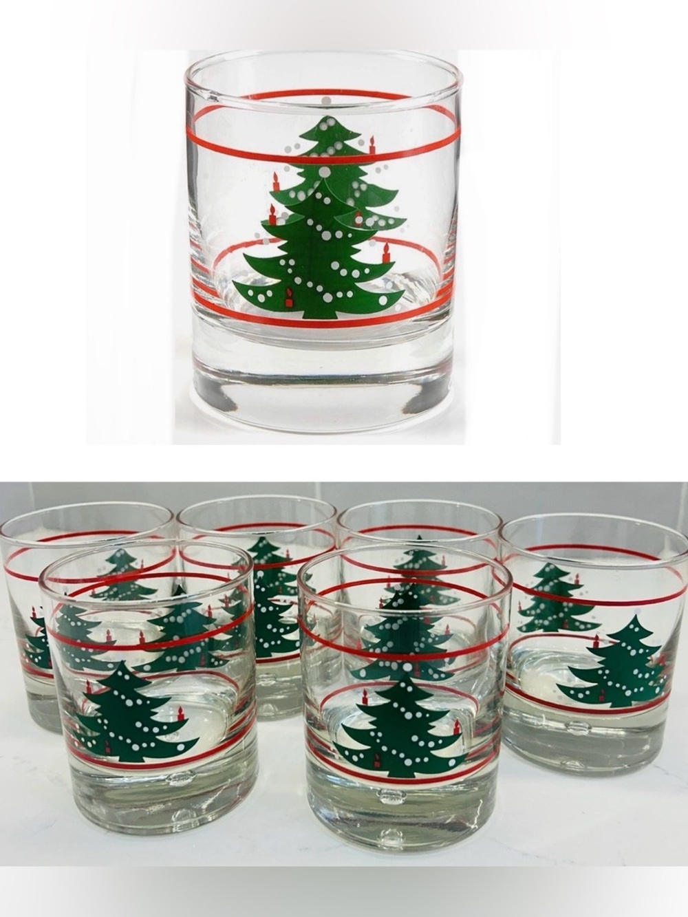 Holiday Glasses Tumblers with Green Christmas Tree & Red Candles - set of 6